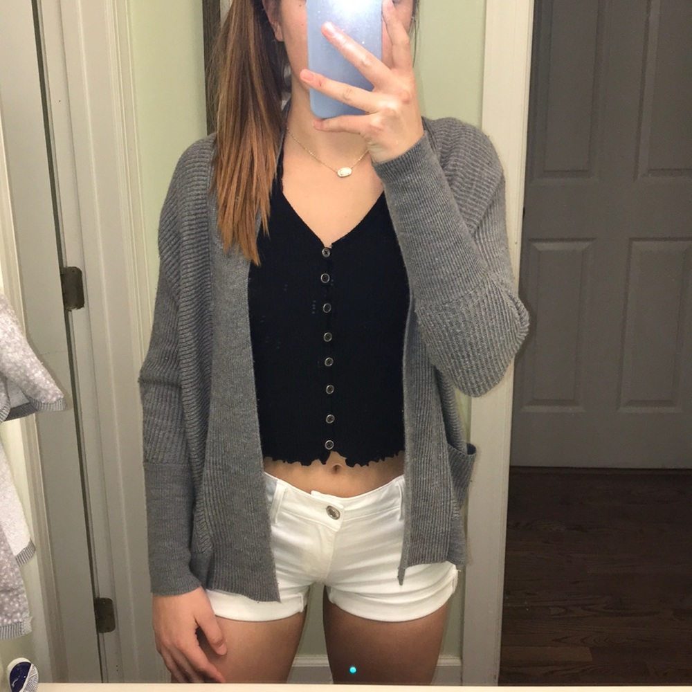 gray cardigan